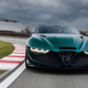 A photo of the front end on the dark green Alfa Romeo Giulia SWB Zagato.